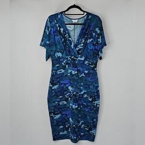 London Times Stunning Blues Fitted Bodycon Deep Vneck Pleated Midi Dress Coquett